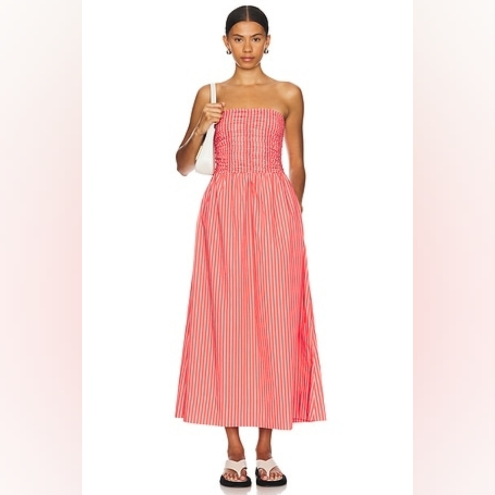 FAITHFULL Dominguez Strapless  Midi Dress In Baratti Stripe Red 4.